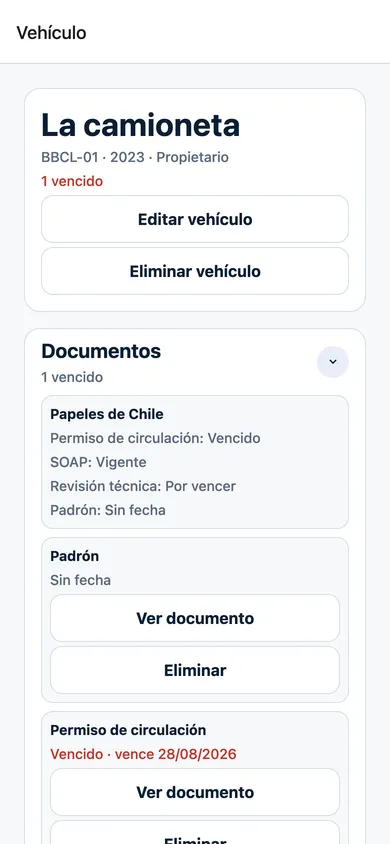 Documentos del vehículo con SOAP vigente, permiso vencido y revisión por vencer