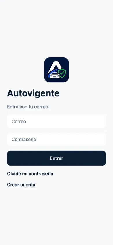 Pantalla de entrada a Autovigente con correo y contraseña