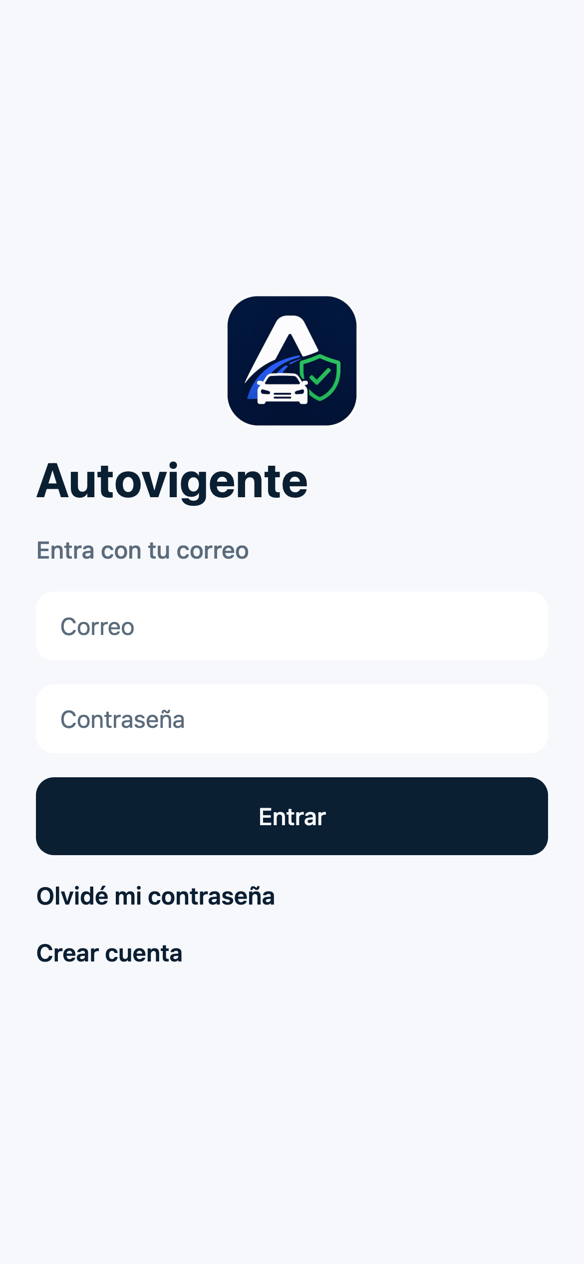 Pantalla de entrada a Autovigente con correo y contraseña