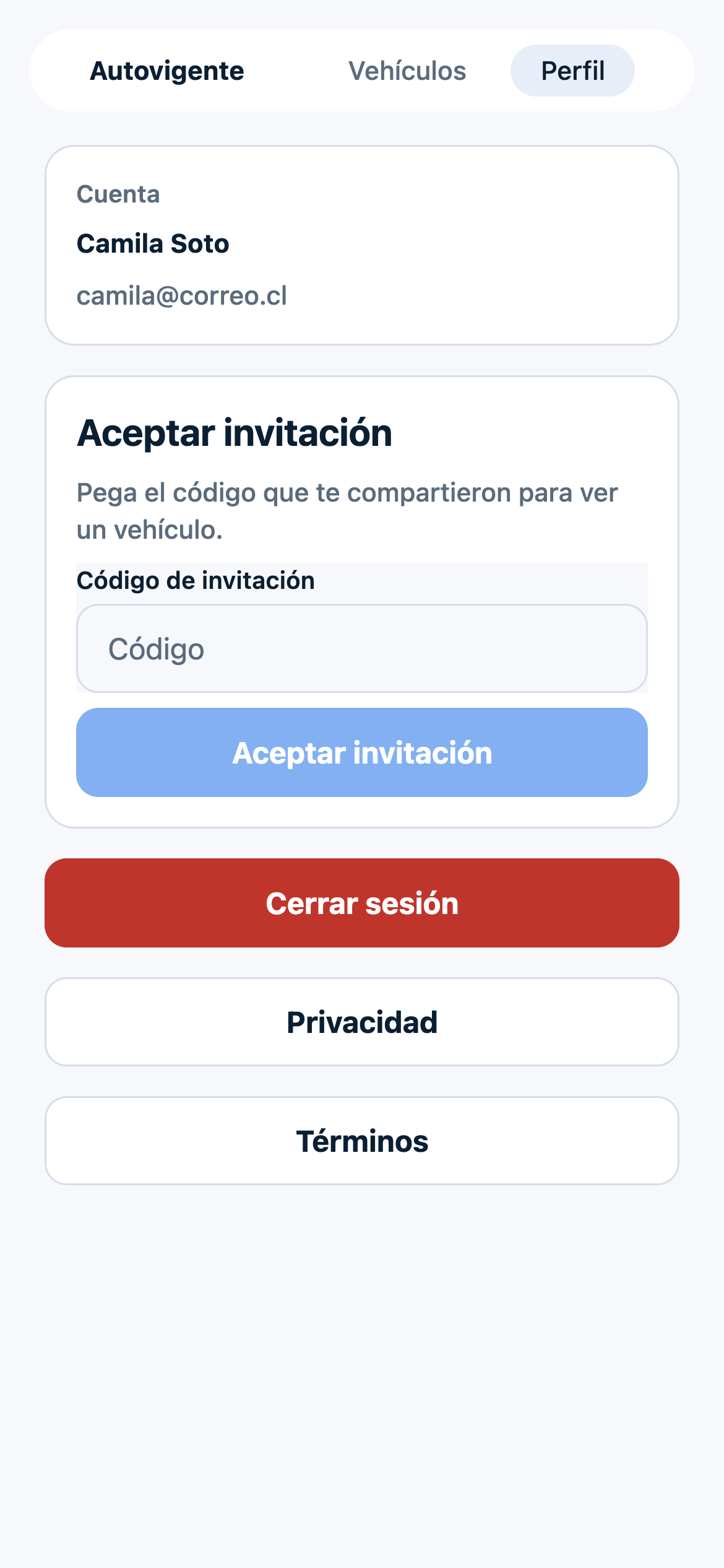 Perfil de Autovigente con datos de la cuenta, invitación y cierre de sesión